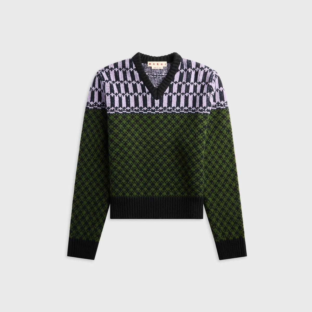 Marni Green Wool Jumper with Geometric Motif - Stonegreen