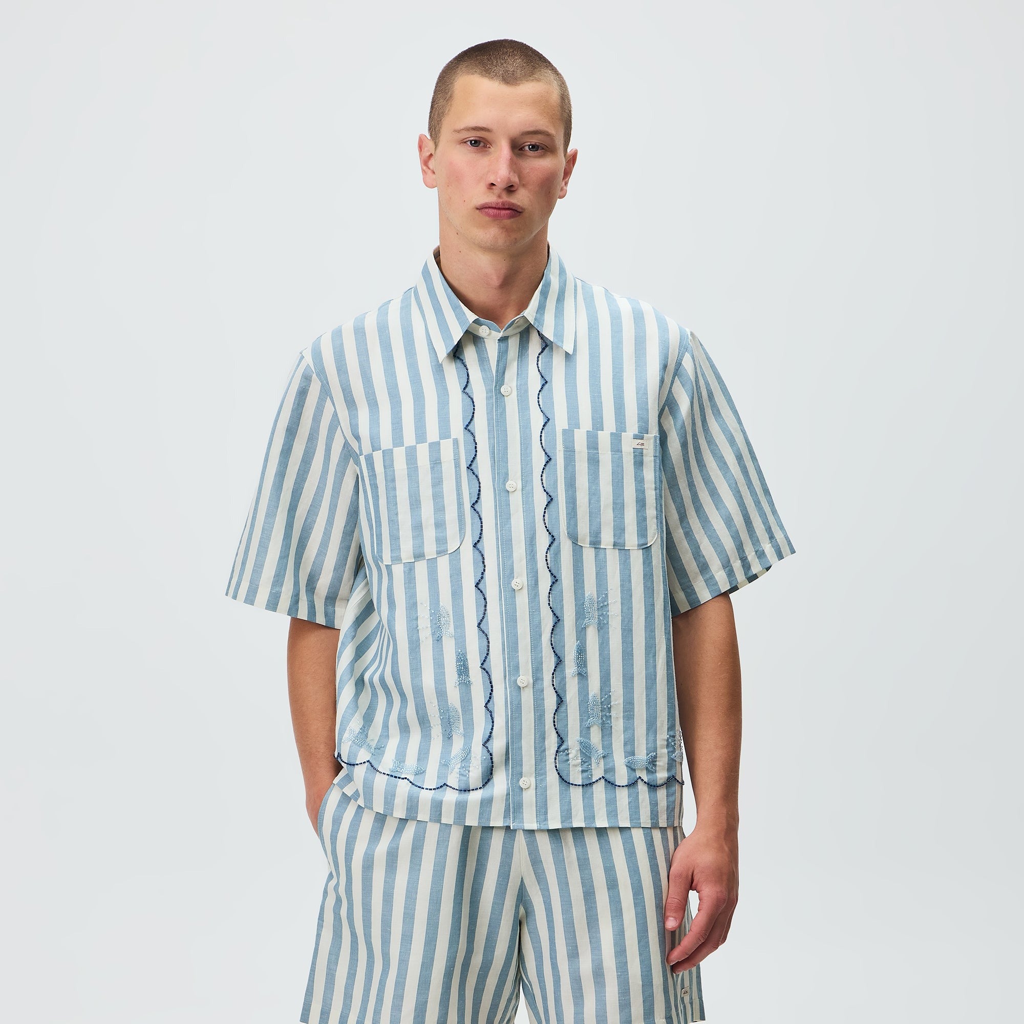 Kith Spun Silk Linen Stripe Paxton Buttondown - Light Indigo