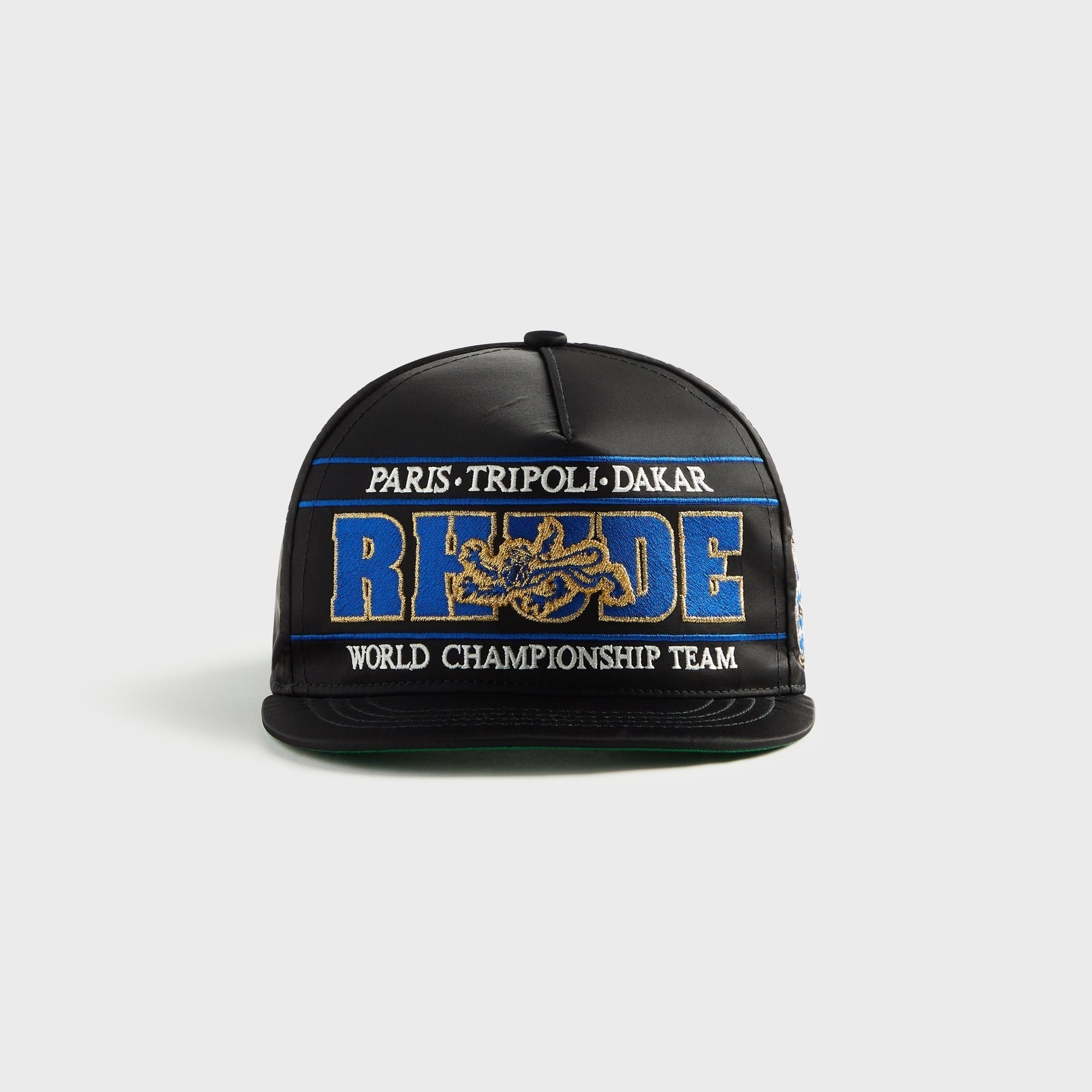 Rhude Chrono Logo Embroidered Trucker Hat - Black / Blue / Gold