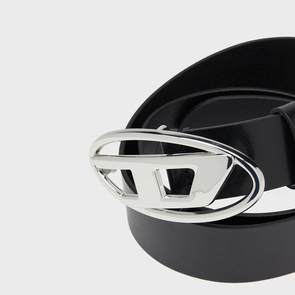 Diesel Leather Belt With Shiny Oval D Logo Buckle - Black / Silver