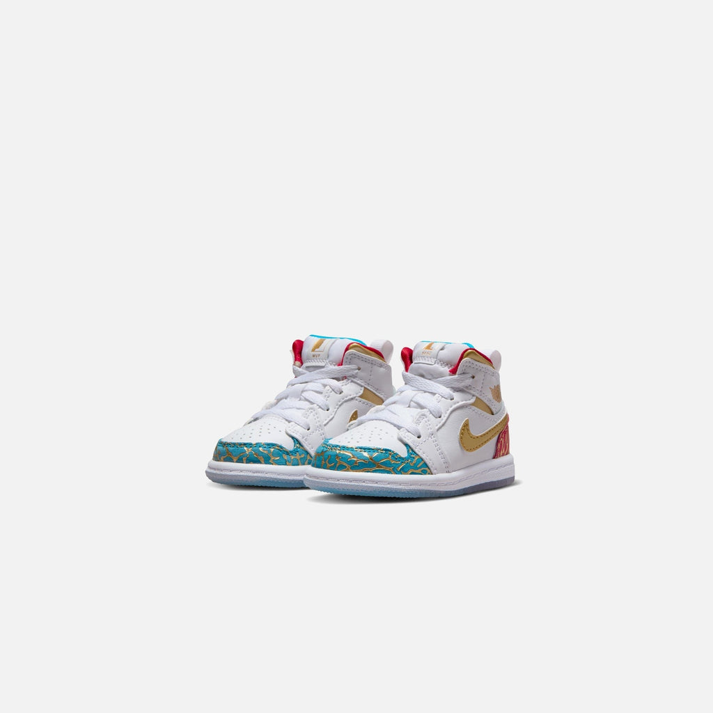 Nike TD Air Jordan 1 Mid - White / Metallic Gold / University Red / Blue Lightning
