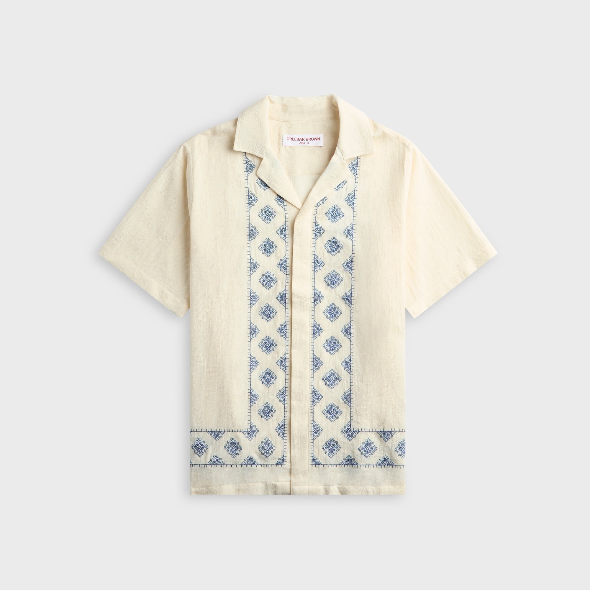 Orlebar Brown Maitan Relaxed Fit Carnival Embroidery Shirt - White Sand / Nightfall Blue