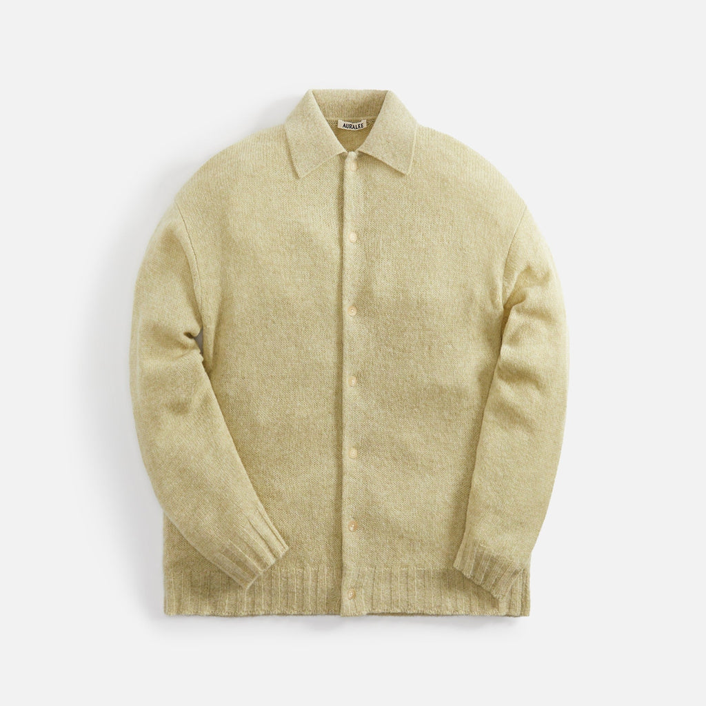 Auralee Shetland Wool Cashmere Knit Cardigan - Yellow Green