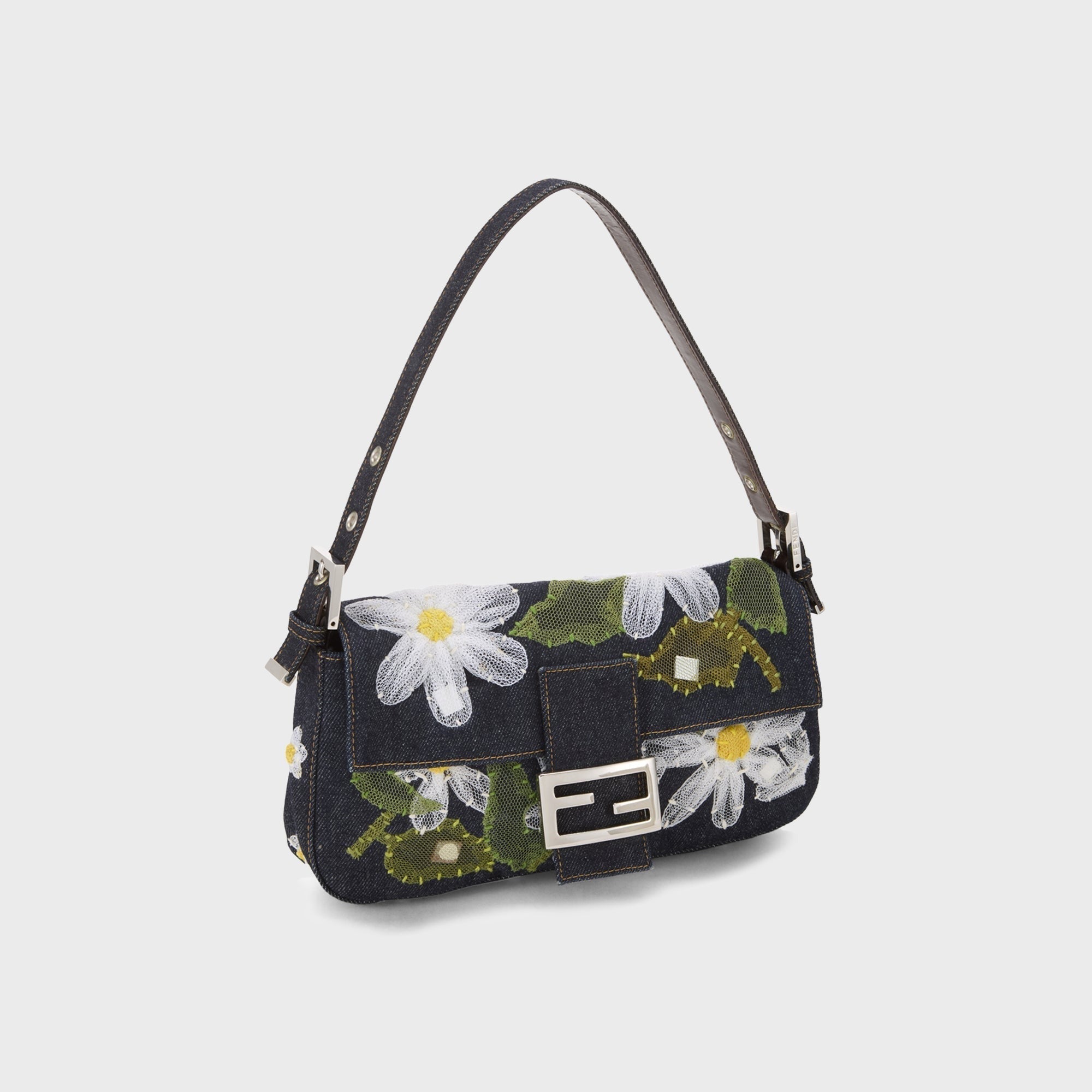 WGACA Fendi Denim Floral Embroidered Mama Baguette Shoulder Bag - Navy