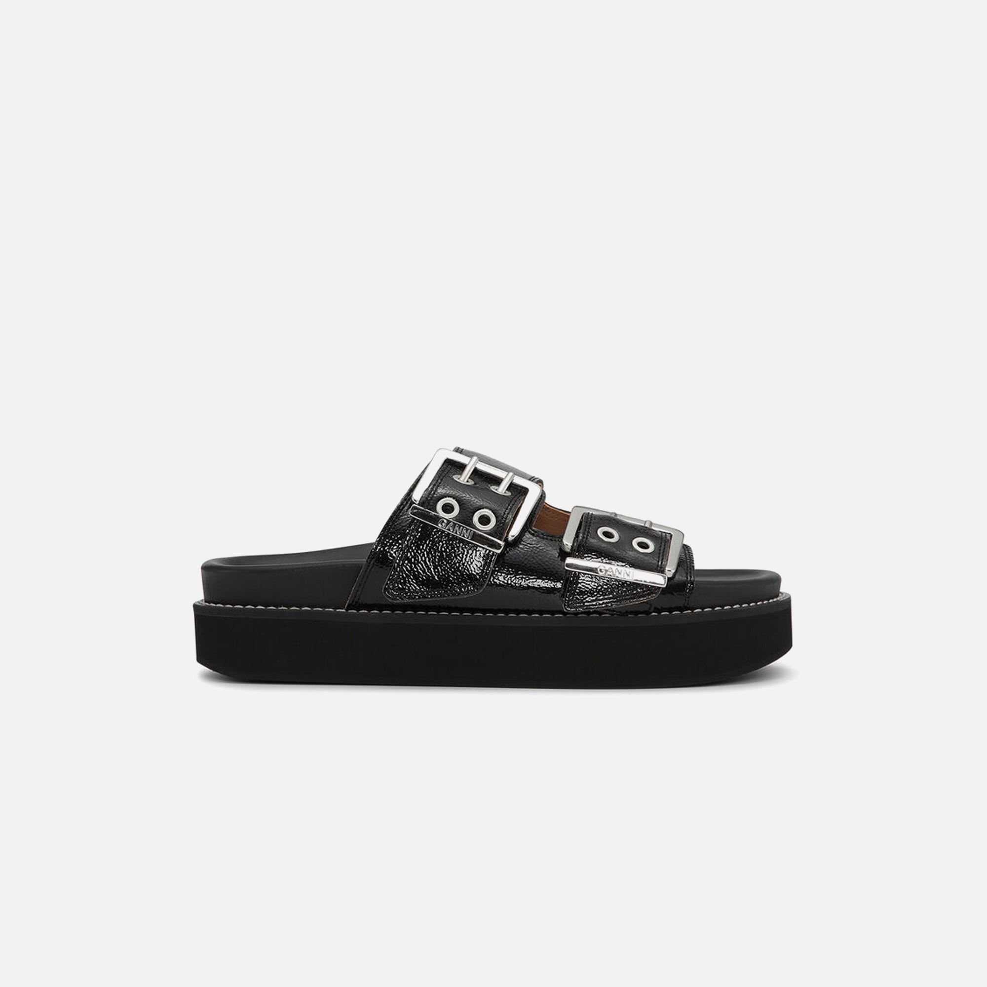 Ganni Wide Welt Chunky Buckle Flat Sandal - Naplack Black