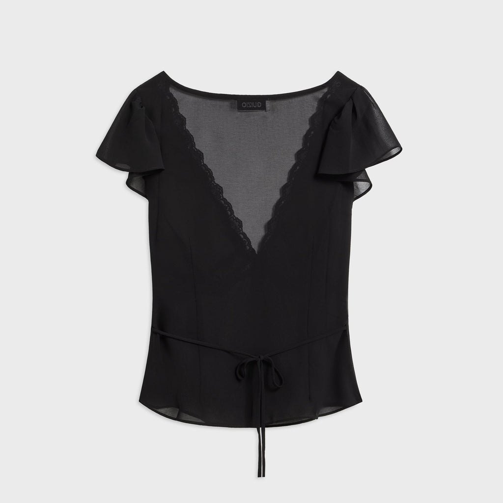 GUIZIO Ara Lace Trim V-Neck Top - Black