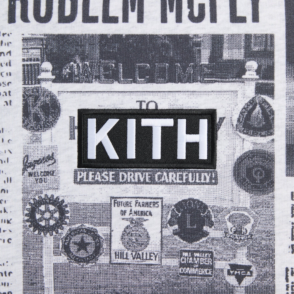 Kith for Back to the Future Newspaper All-Over Printed Nelson Crewneck - Light Heather Grey