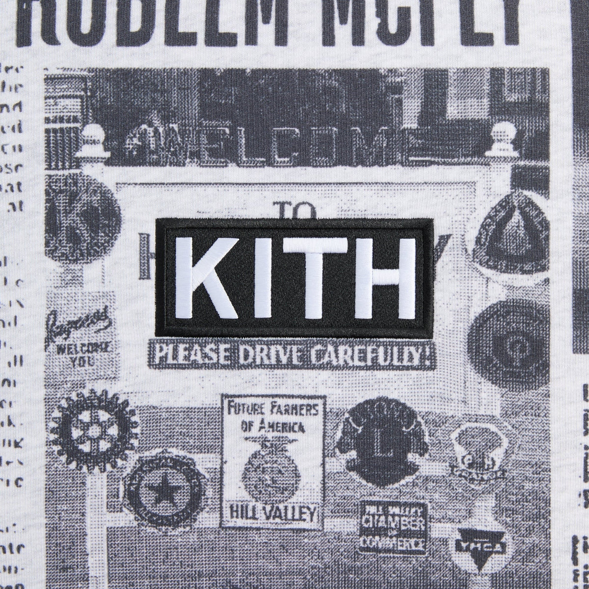 Kith for Back to the Future Newspaper All-Over Printed Nelson Crewneck - Light Heather Grey