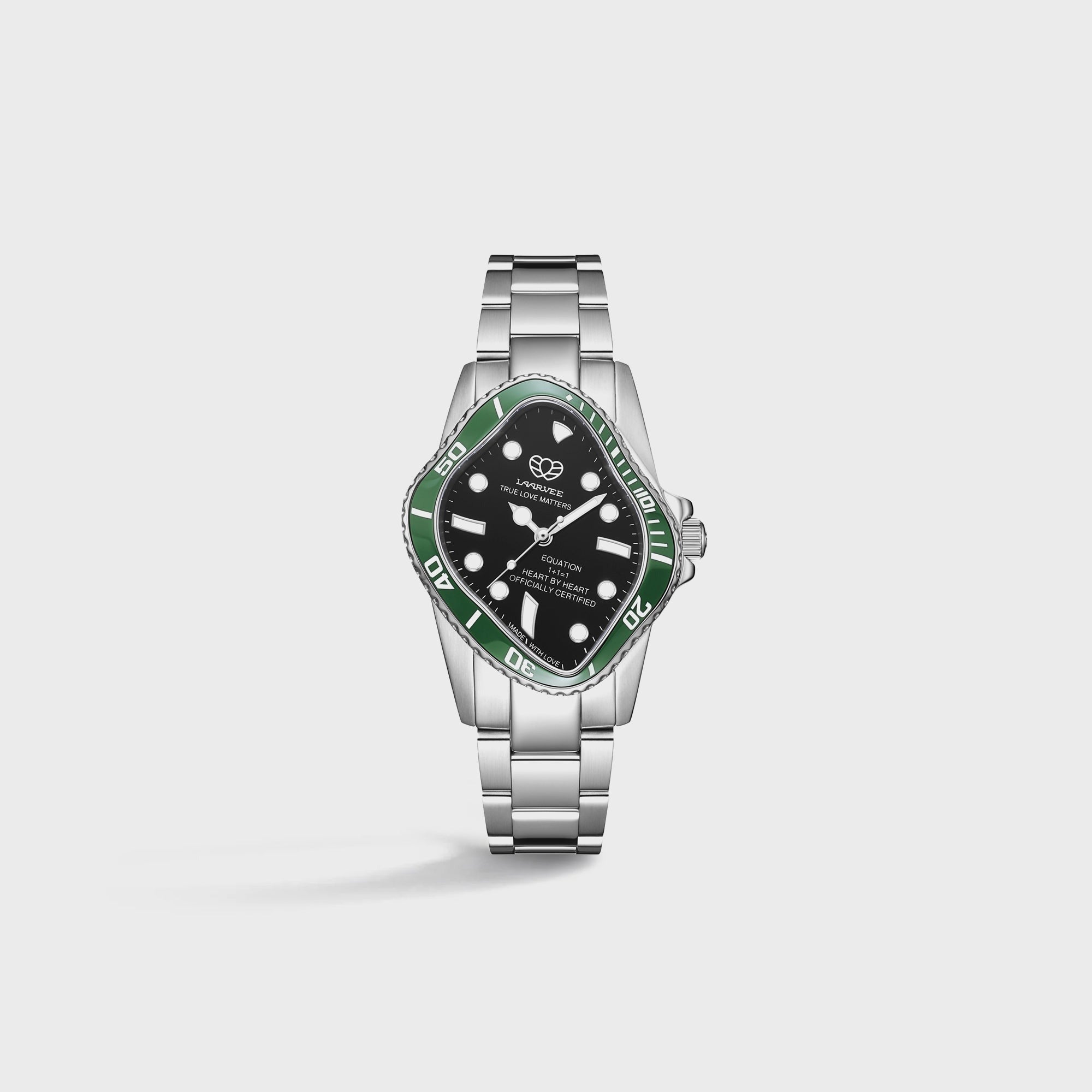 LAARVEE Silver Precision Steel Watch - Green Ceramic Bezel / Black Dial