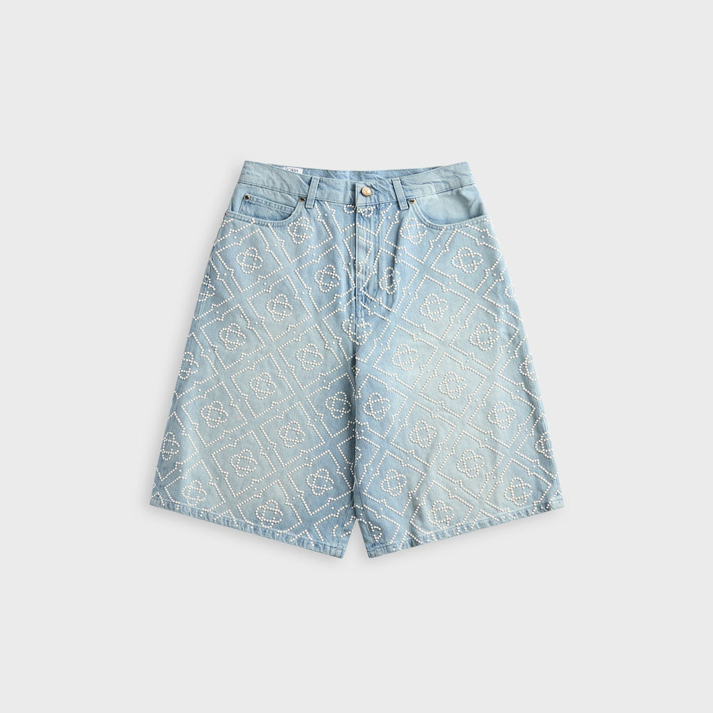 Casablanca Pearly Monogram Wide Leg Denim Short - Denim