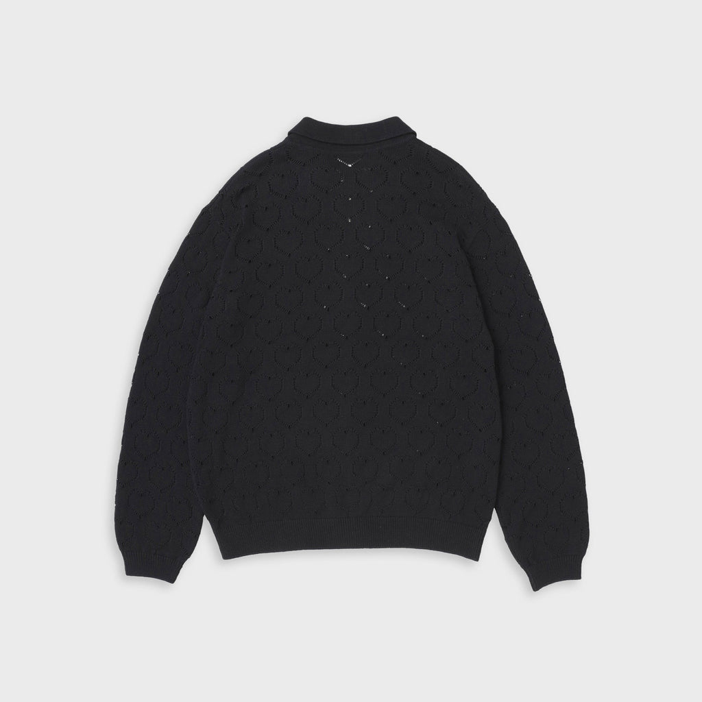 vowels Eyelet Knitted Zip Up Sweater - Black