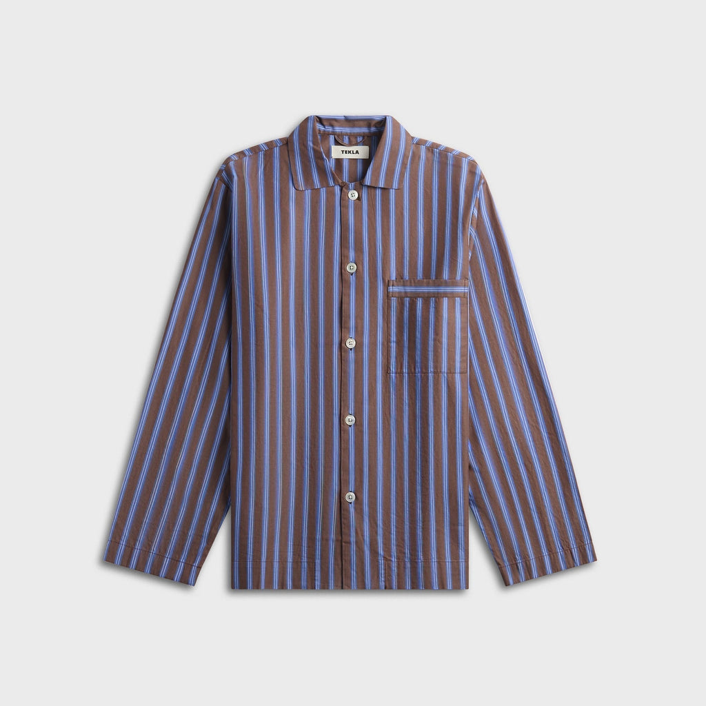 Tekla Poplin Long-Sleeved Pyjama Shirt - Brown / Blue
