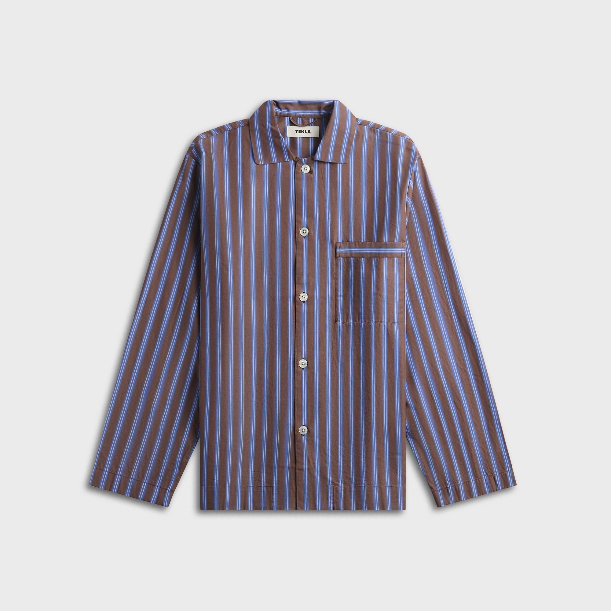 Tekla Poplin Long-Sleeved Pyjama Shirt - Brown / Blue