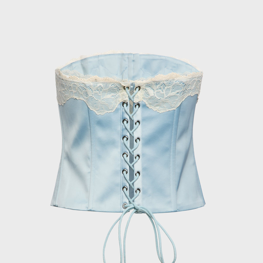 GUIZIO Jean Lace Trim Satin Corset Top - Blue / Honey Butter