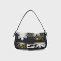 WGACA Fendi Denim Floral Embroidered Mama Baguette Shoulder Bag - Navy
