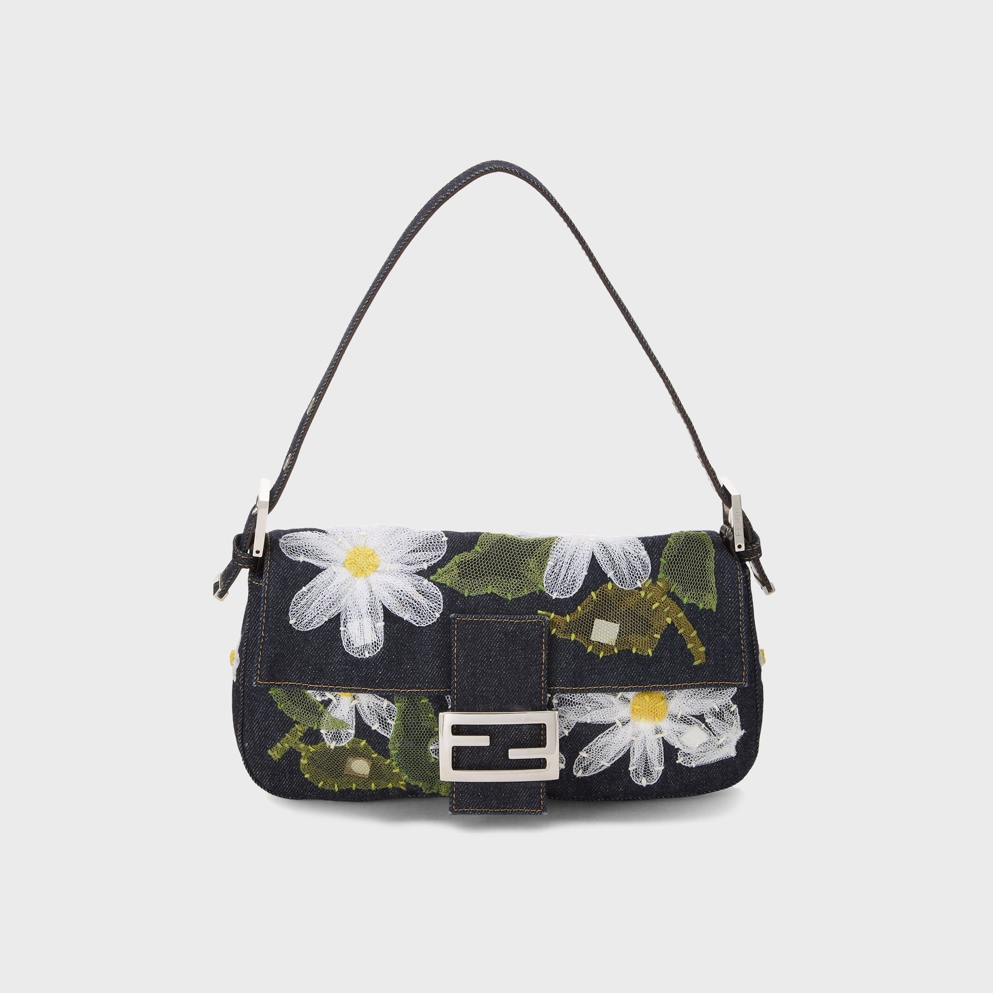 WGACA Fendi Denim Floral Embroidered Mama Baguette Shoulder Bag - Navy