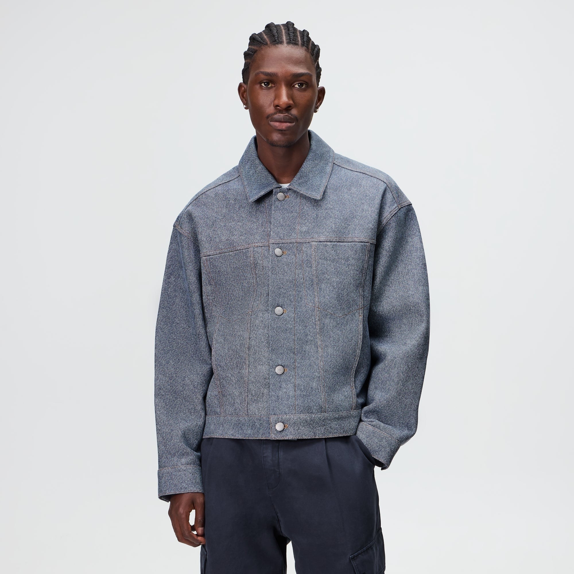 Kith Leather Denim Dario Trucker Jacket - Mid Indigo