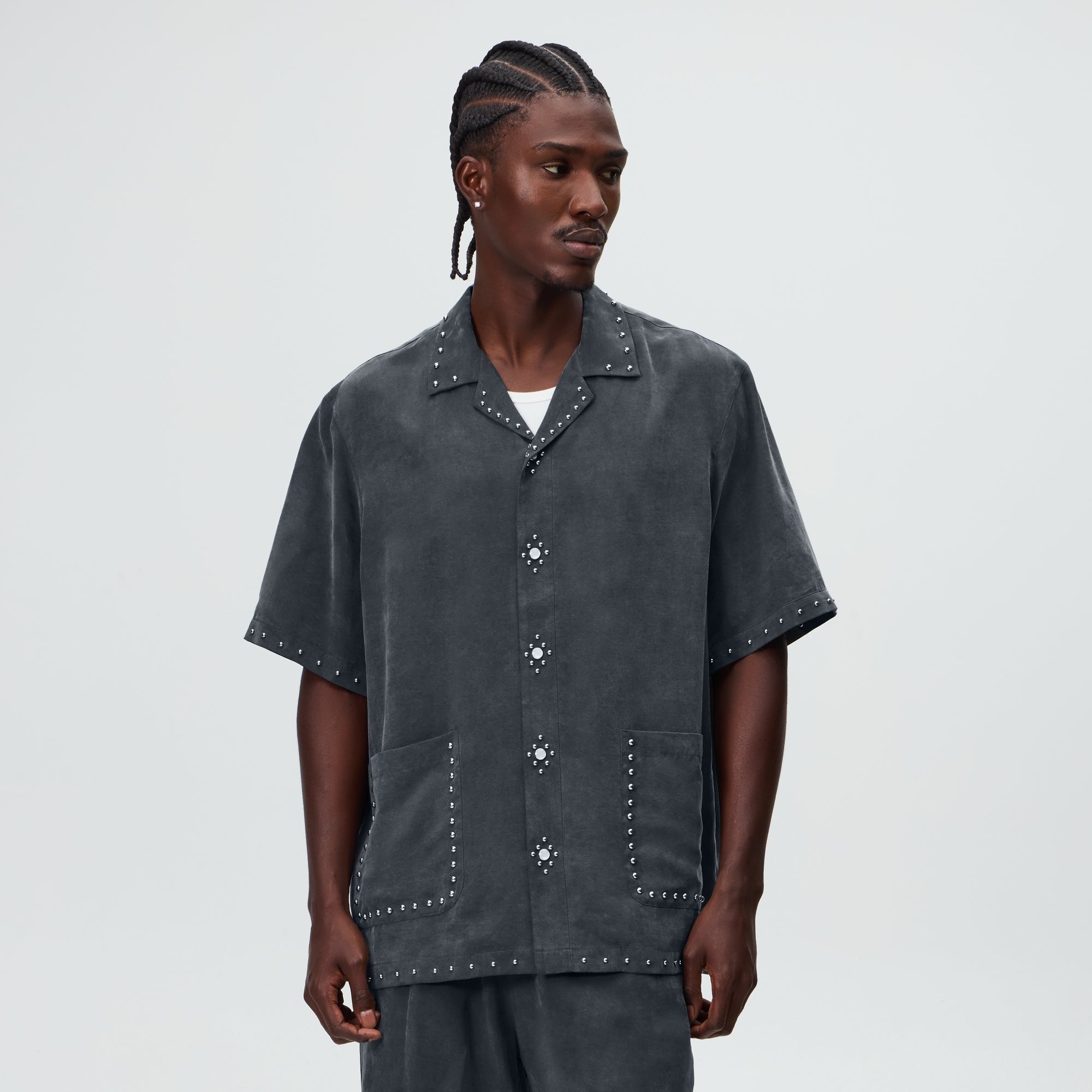 &Kin Studded Cupro Linen Sawyer Shirt - Somber